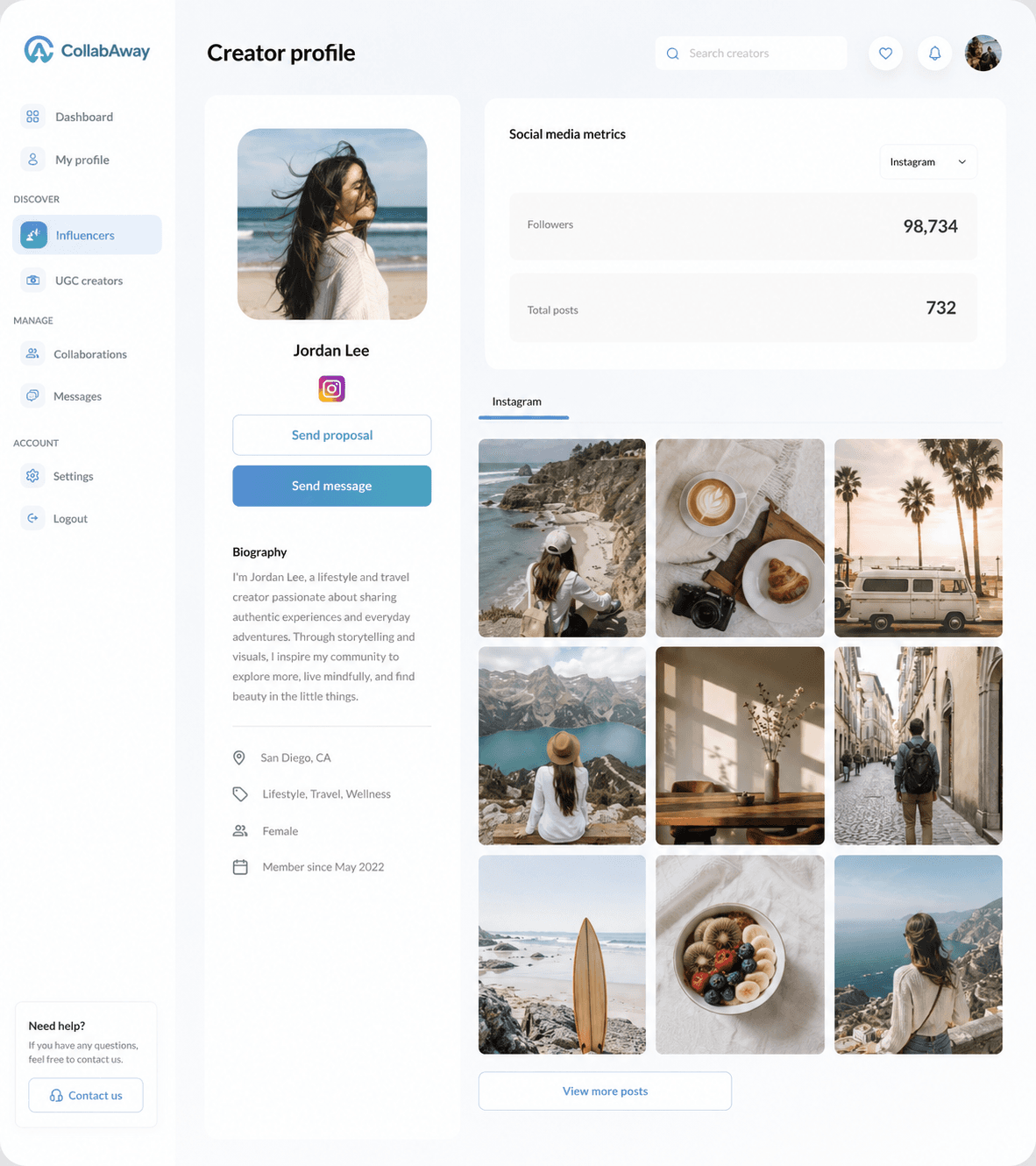 Creator profile on CollabAway